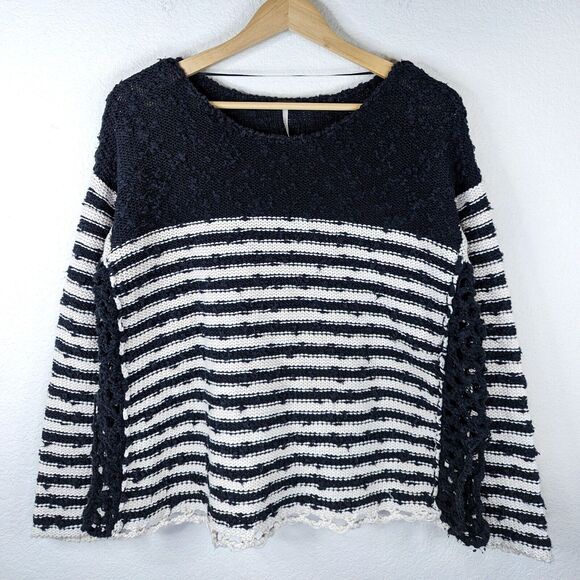 Free People Black French Creek Crochet Sweater Open Knit Boucle Stripe Small - Picture 2 of 8